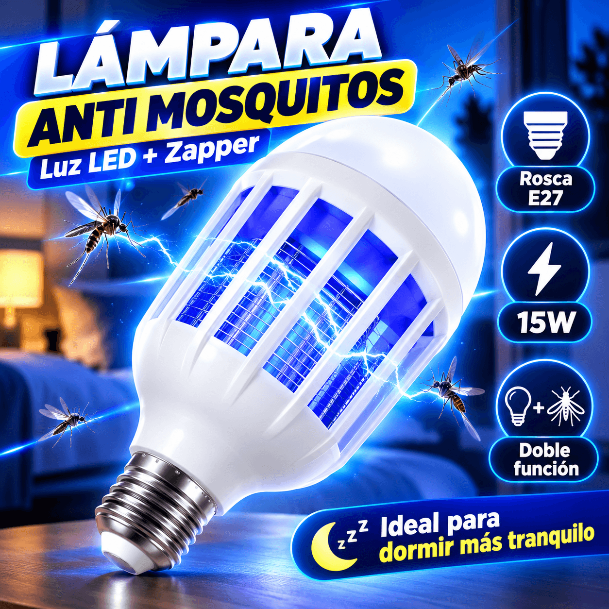 Lámpara Foco Led Anti Mosquitos Zapper 15w Rosca E27 Doble Función