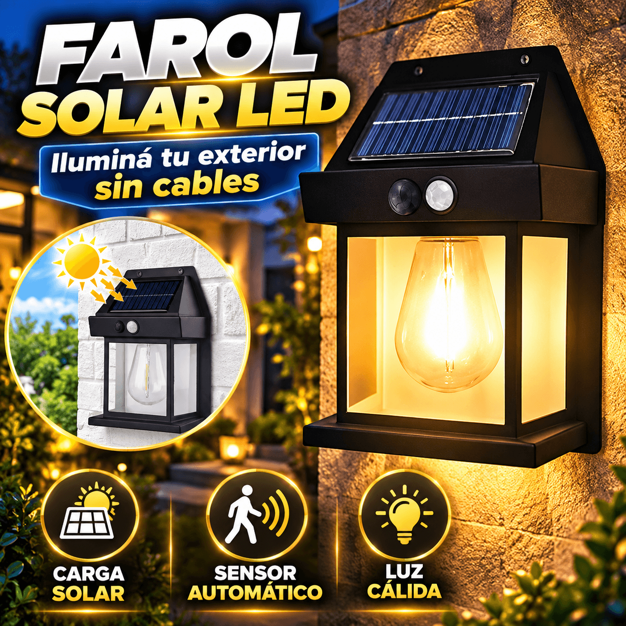 Farol Solar Led Exterior Sin Cables Con Sensor De Movimiento Y Luz Cálida